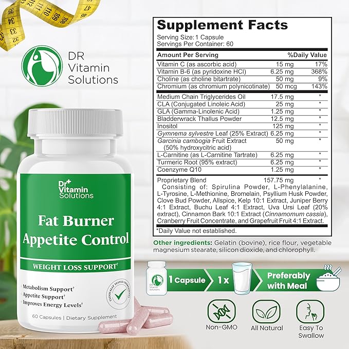 Dr. Vitamin Fat Burner & Appetite Control Weight Loss Supplements for Women & Men - Metabolism Booster w/L-Carnitine, CLA, Chromium - Appetite Suppressant for Weight Loss - 60 Belly Fat Diet Pills