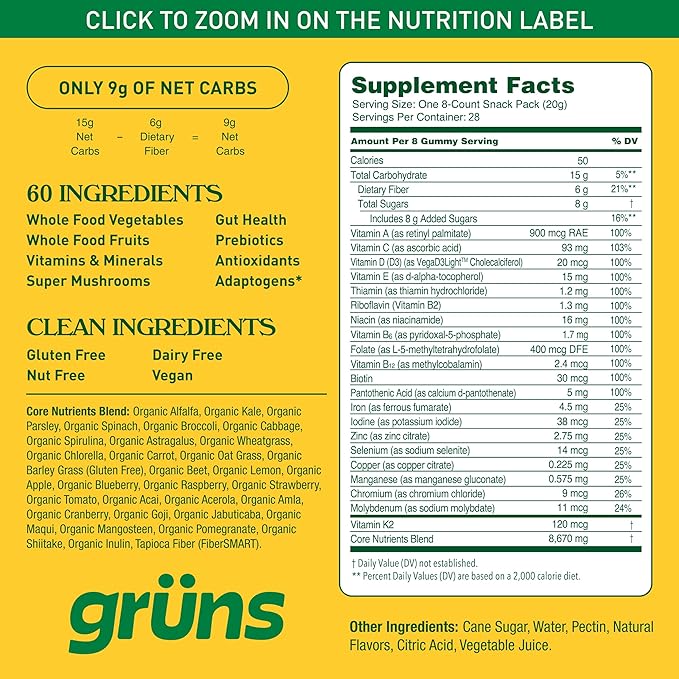 Gruns Adults Super Greens Gummies, Superfood Gummy Bears with Spirulina, Chlorella, Prebiotics & Fiber for Digestive Health, Adaptogens Supplement with 20 Vitamins & Minerals, Low Sugar, 28 Packets