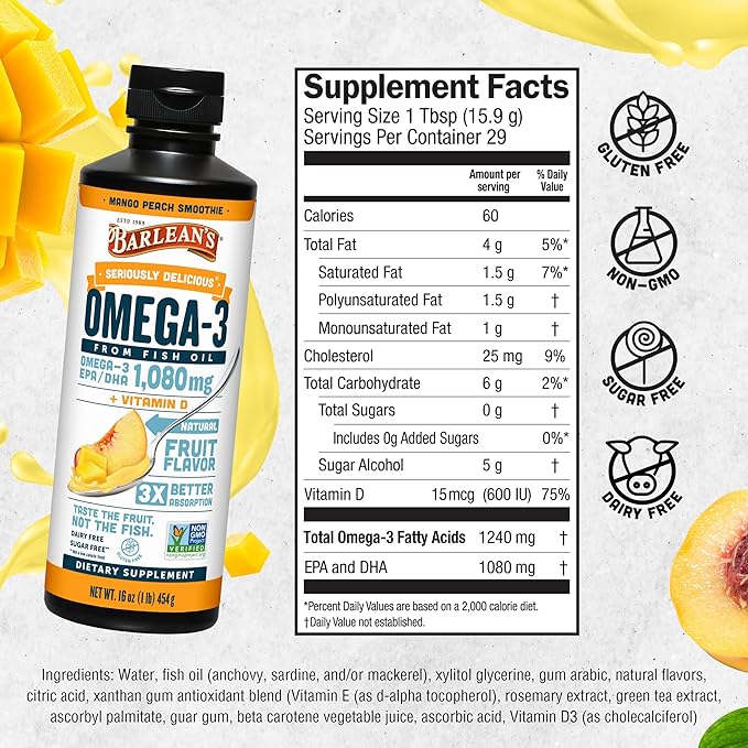 Barlean's Mango Peach Omega 3 Fish Oil Liquid Supplement with Vitamin D, 1080mg EPA & DHA Fatty Acid, Smoothie Flavored & Burpless for Brain, Joint, & Heart Health, 16 oz
