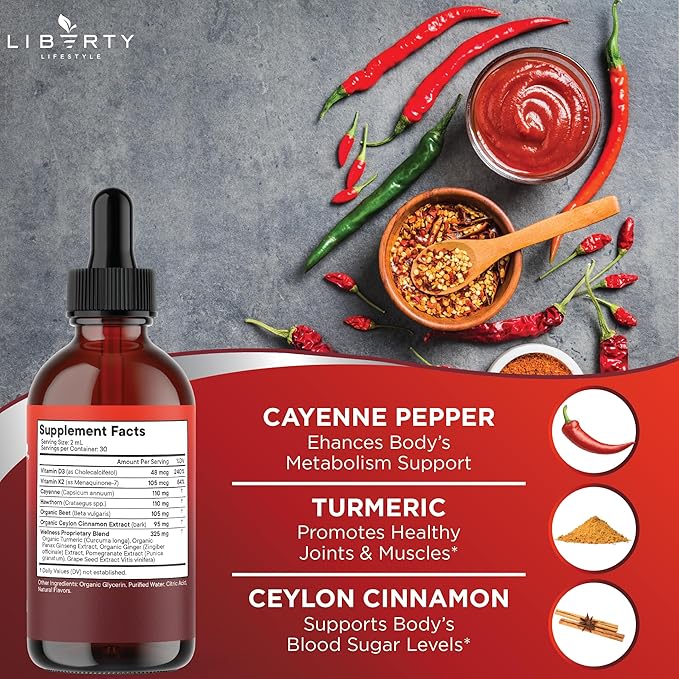 Cayenne Pepper Supplement Liquid Drops + Hawthorn Berry, Vitamin D3 K2 Beet Root Powder, Ceylon Cinnamon, Turmeric Curcumin, Organic Panax Ginseng - 2oz
