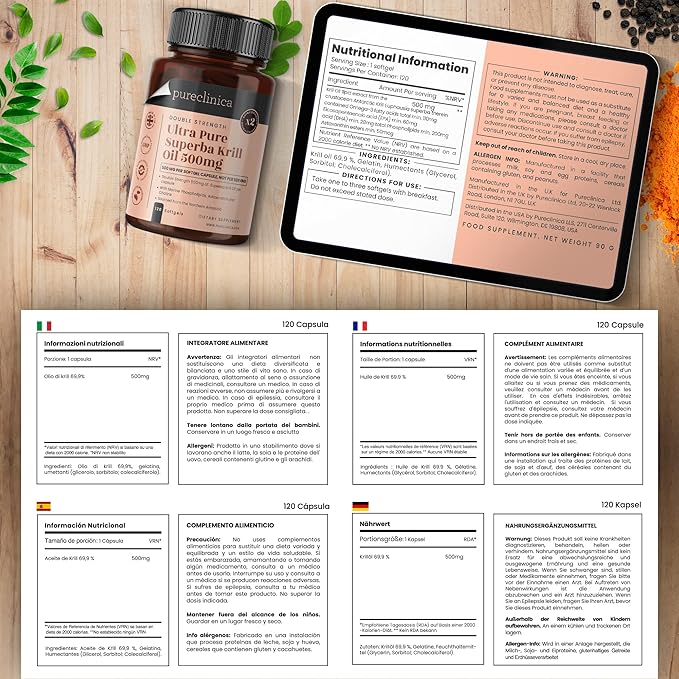 Ultra Pure Krill Oil 500mg x 720 Capsules (6 Bottles of 120) - Sourced in The Unpolluted Waters of Antarctic Providing a Rich Supply of Astaxanthin and Omega 3