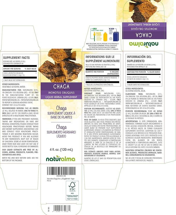 Naturalma Chaga (Inonotus obliquus) Fungus or Mushroom Alcohol-Free Tincture - 4 fl oz Liquid Extract in Drops - Herbal Supplement - Vegan