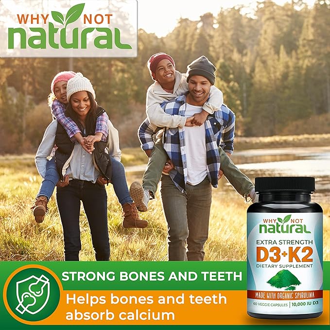 Why Not Natural Vitamin D3 K2 (MK-7) with Organic Spirulina, 10000 IU Extra Strength Supplement in Veggie Capsules, Supports Bone Health, Immune System and Mood