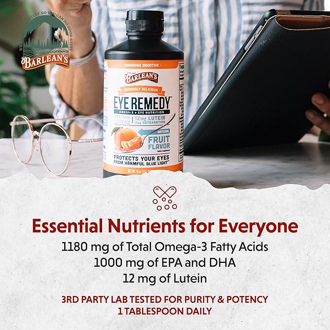 Barlean's Eye Remedy Supplement, Tangerine Flavored Fish Oil Liquid with Lutein, Astaxanthin and Zeaxanthin,1,000mg Omega 3 EPA DHA, Eye Care Supplements, 16 oz