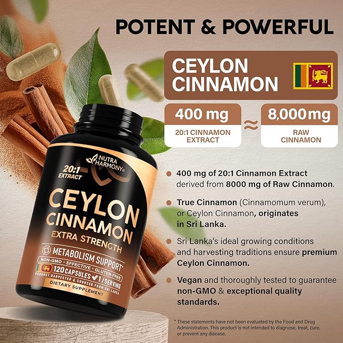 Ceylon Cinnamon Capsules - Extra Strength - Energy, Heart & Metabolism Support - for Men & Women - Pure Natural Extract 20:1 Supplement - Made in USA - GMO & Gluten Free, 120 Capsules, 4 Month Supply