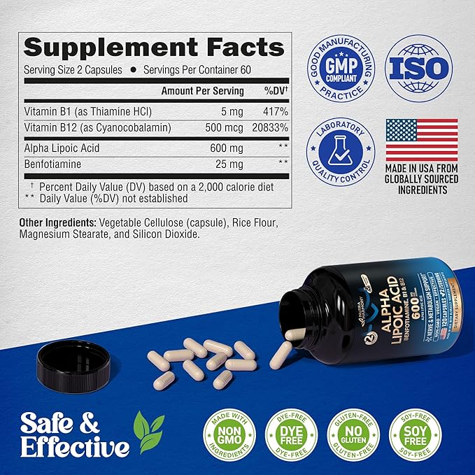 Alpha Lipoic Acid 600mg - ALA Supplement Antioxidant for Nerve, Energy & Metabolism Support - Extra Strength with Benfotiamine, Vitamins B1 & B12 - Lab Tested, NON-GMO & Vegan - 120 Capsules, 2 Month