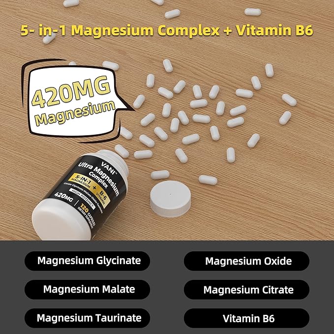 Magnesium Glycinate, (420mg) 5 in 1 Magnesium Complex & B6 Supplement for Nerve, Heart, Muscle Health & Relaxation*, Maximum Bioavailability & Absorption, Gluten Free, 120 Vegan Capsules