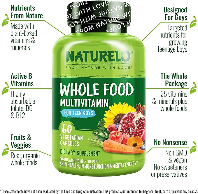 NATURELO Teen Multivitamin - Whole Food Multivitamin for Teenage Boys - Minerals Supplement for Active Kids - with Plant Extracts - Non-GMO - Vegan & Vegetarian - 60 Capsules (Pack of 2)