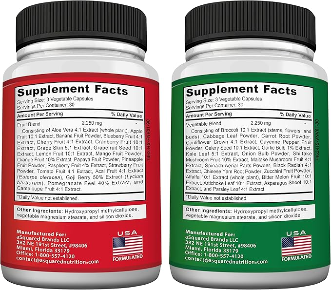 aSquared Nutrition Fruits and Veggies Supplement - 90 Veggie & 90 Fruit Capsules - Superfood Vegetable Greens Vitamins Pills - Nature's Super Food Alternative to Powder & Gummies