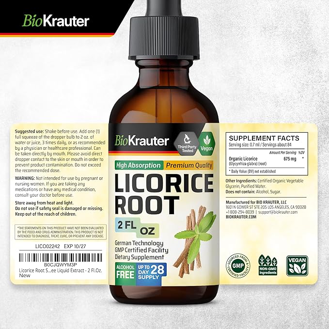 BIO KRAUTER Licorice Root Tincture - Licorice Root Extract for Digestive Support - Alcohol and Sugar Free - Vegan Drops 2 Fl.Oz.