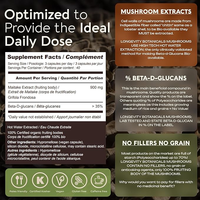 Longevity Botanicals Organic Maitake Mushroom Extract Capsules (120) | Concentrated 10:1 Ratio | 100% Fruiting Bodies | Grifola frondosa Natural Supplement for Gut Health & Immunity Support
