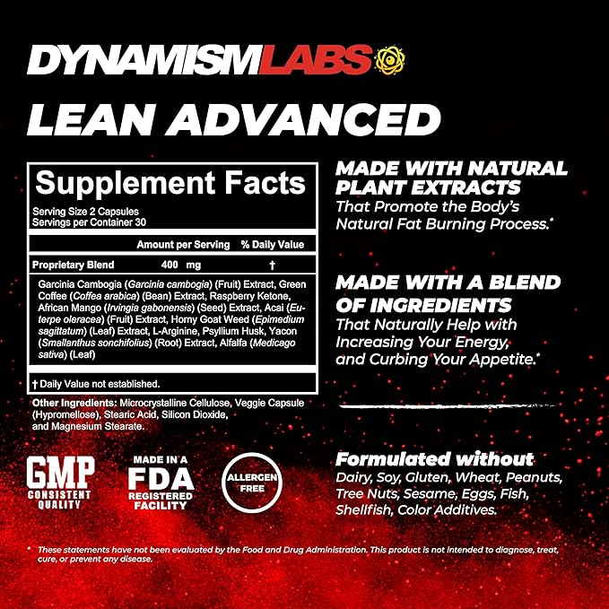 Dynamism Labs Lean Advanced Fat Burner | Garcinia Cambogia Extract, Green Tea Extract, Raspberry Ketone | Made in USA (60 Tablets)