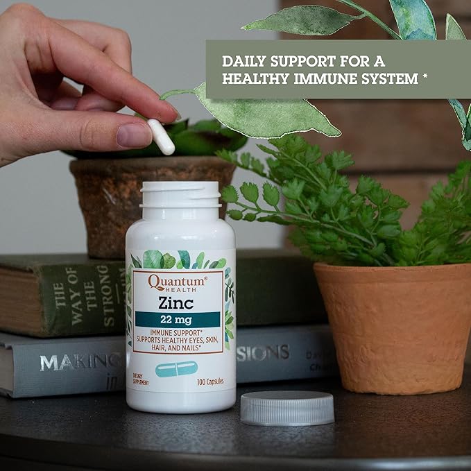 Quantum Health Zinc Gluconate 22mg Daily Immunity Boost Supplement Supports Energy, Healthy Eyes, Hair Skin & Nails - Essential Mineral Immune Support for Women & Men - 100 Capsules