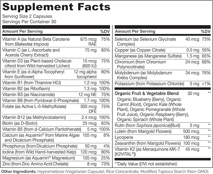 NATURELO Teen Multivitamin - Whole Food Multivitamin for Teenage Boys - Minerals Supplement for Active Kids - with Plant Extracts - Non-GMO - Vegan & Vegetarian - 60 Capsules (Pack of 2)