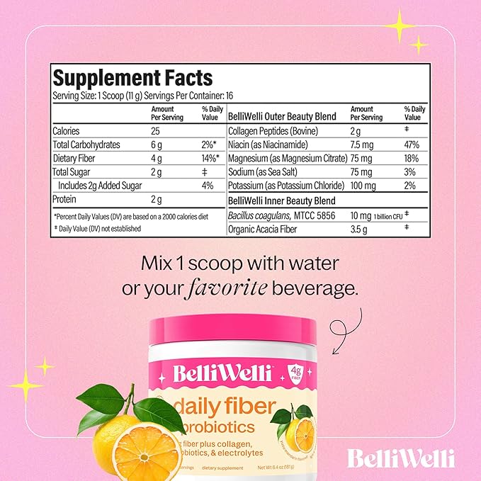 BelliWelli Fiber Supplement for Women & Men – Premium Daily Fiber Powder from Organic Acacia with Added Collagen, Electrolytes & Probiotics – No Bloat, Constipation & Gut Health Support (Orange Yuzu)