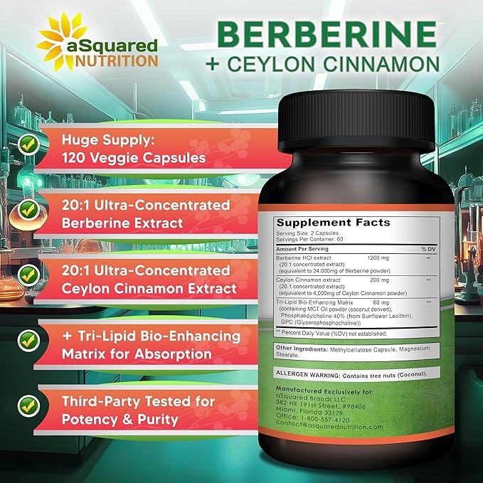aSquared Nutrition Berberine with Ceylon Cinnamon Supplement - 1400mg Max Strength Complex - 120 Capsules - 1200mg HCl Powder Extract Plus Pills - Alternative to Gummies & Drops