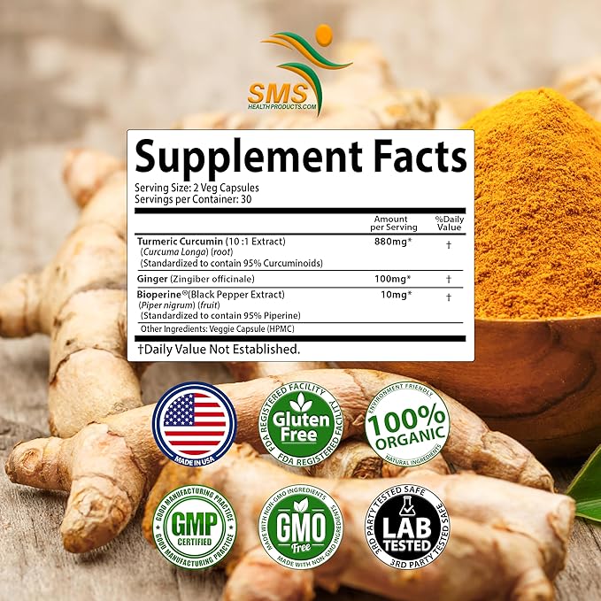 Turmeric Curcumin with Ginger, BioPerine Black Pepper, 95% Curcuminoids, Natural Joint & Healthly Inflammatory Support, Antioxidant Tumeric Supplement, 60 Veggie Capsules, Made in USA, by SMS