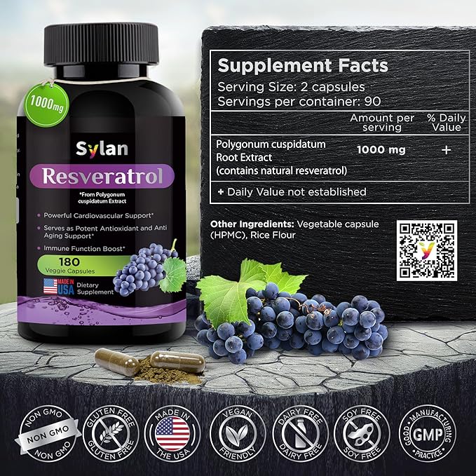 SYLAN Trans Resveratrol Supplement, 1000mg, 180 Veggie Capsules, Antioxidant, Supports Heart, Joint, Brain, Immune Health & Anti-Aging, Non-GMO, Made in USA, Resveratrol 500mg Powder per Capsul