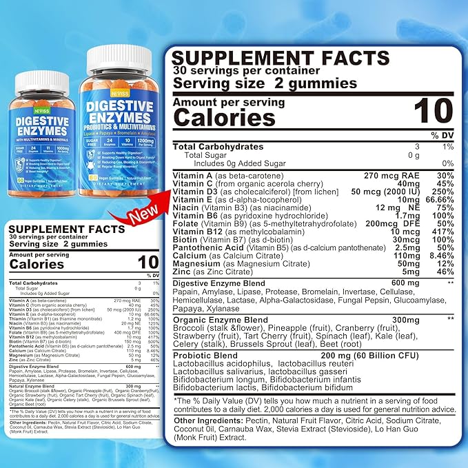 Digestive Enzymes with Probiotic Gummies, Multivitamins, Calcium, Magnesium - All 24 Essential Chewable Multi Enzymes - Papaya, Lipase, Amylase, Bromelain - Breaking Down Carbs, Proteins, Fats, 2Packs