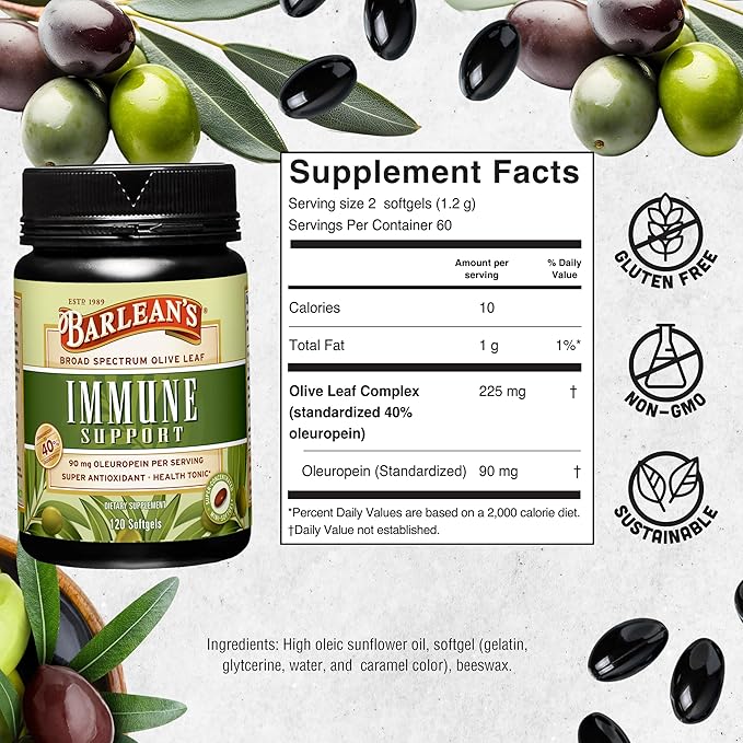Barlean's Olive Leaf Complex Softgels Immune Support Supplement with 90 mg Oleuropein Antioxidants, Concentrated Heart Health and Immunity Booster Pills, 120 Count