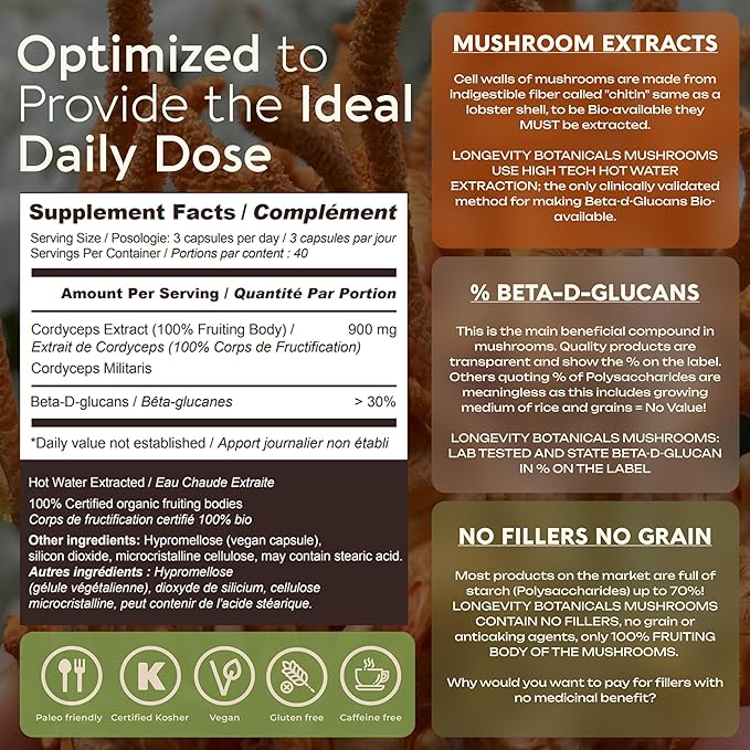 Longevity Botanicals Organic Cordyceps Mushroom Extract Capsules (120) | Concentrated 10:1 Ratio | 100% Fruiting Bodies | Cordyceps Militaris Natural Supplement for Respiratory & Performance Support