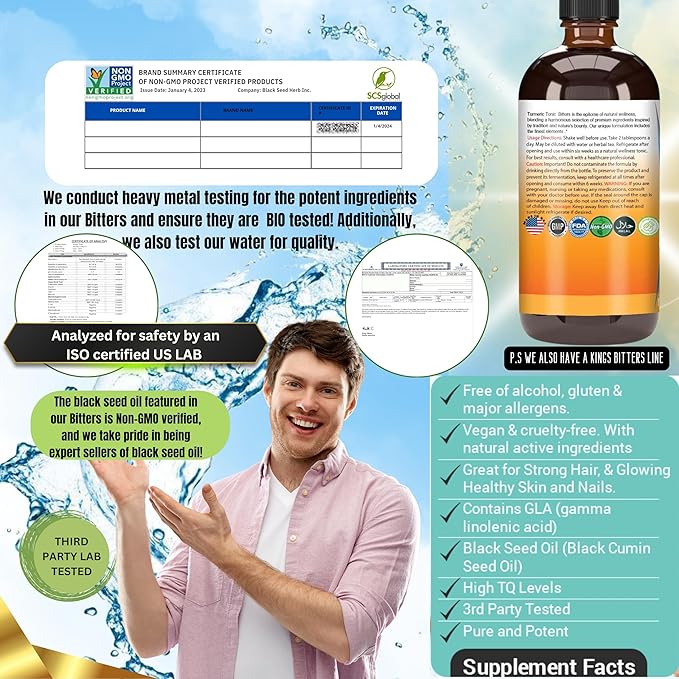 Turmeric Tonic Blend Liquid Drop Plus Living Bitters, 16 oz, with Alkalized Spring Water Amber Glass Bottle