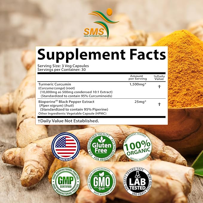 Turmeric Curcumin with Black Pepper 1,500mg | 90 Veggie Capsules | Dietary Supplement with 95% Standardized Curcuminoids & Bioperine for Potency & Absorption | Non-GMO, Gluten Free