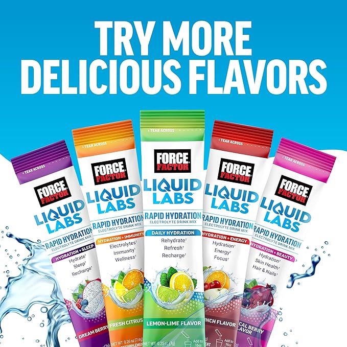 FORCE FACTOR Liquid Labs Electrolytes Powder Packets—Tropical Fruit—Hydration Packets to Make Electrolyte Water, with 5 Essential Electrolytes, Vitamins, Minerals, and Antioxidants, 20 Stick Packs