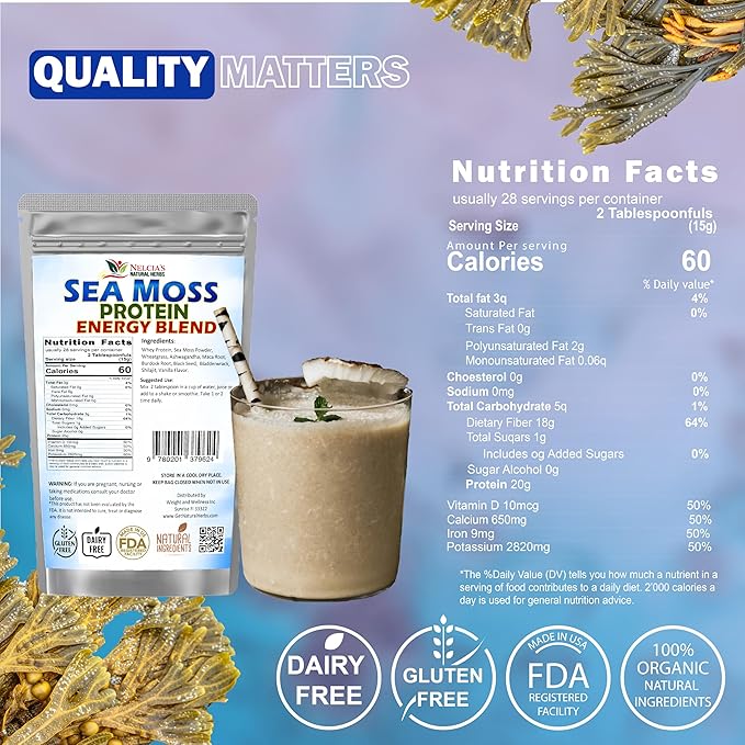 Nelcia'S Natural Herbs Sea Moss Ashwagandha Protein Powder -Natural Irish Sea Moss, Bladderwrack and Burdock Root, Black Seed and Shilajit Powder (16oz)