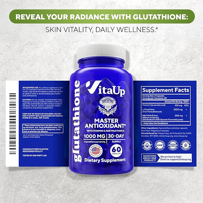 Reduced Glutathione Supplement 1000mg - USA Made Glutathione Capsules with Vitamin C & Milk Thistle for Liver Care, Skin Support & Immune Well-Being - 60 Count
