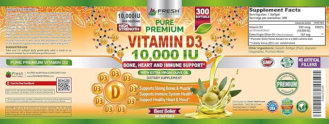 Fresh Healthcare Vitamin D3 10000 IU (250mcg) with Extra Virgin Olive Oil - Immune Support - 300 Softgels for Joints, Bone, Muscle & Mood Health - Non-GMO Vitamin D Supplement