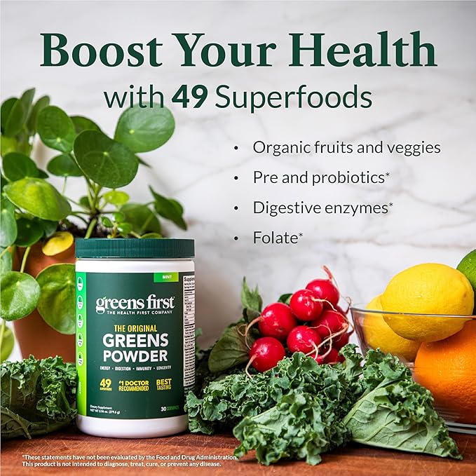 Greens First Original Greens Powder - 49 Superfoods - Organic Fruits & Veggies - Prebiotics, Probiotics & Digestive Enzymes - Antioxidant Smoothie - Dairy Free, Vegan & Non-GMO (Berry, 30 Servings)