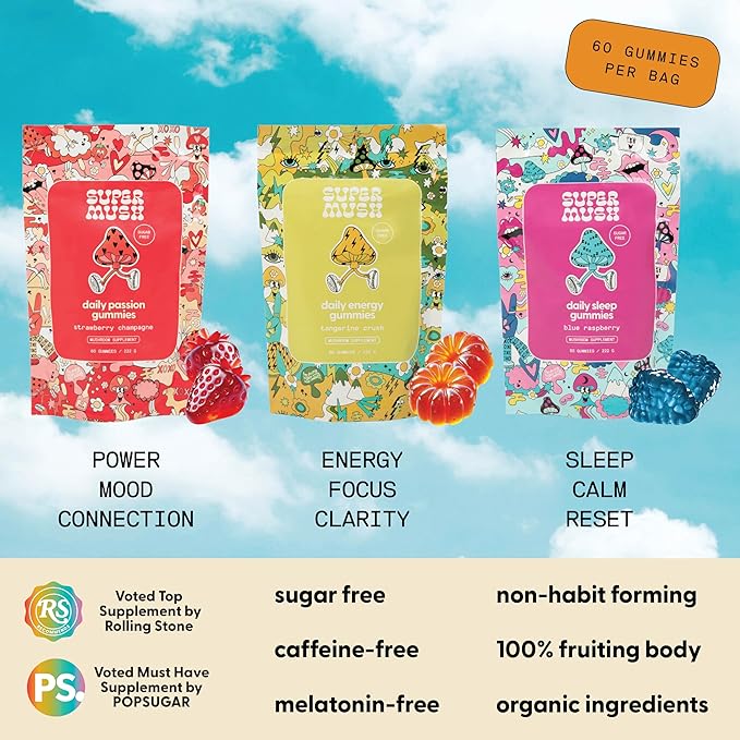Daily Gummies (Trio Bundle) - Daily Passion, Energy, & Sleep - Mushroom Gummies - Natural, Organic, Vegan, & Sugar-Free Mushroom Supplement - Ashwagandha Supplements with Cordyceps