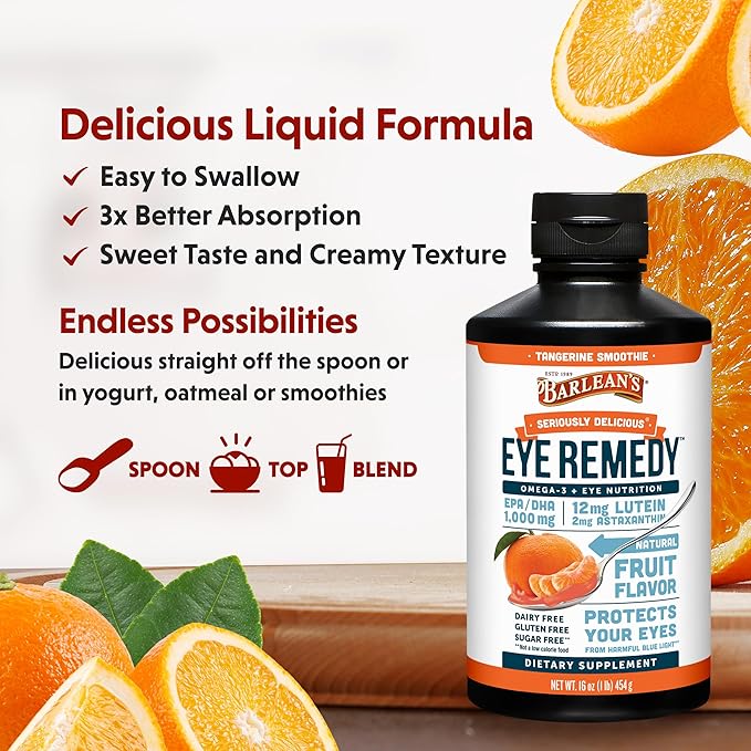 Barlean's Eye Remedy Supplement, Tangerine Flavored Fish Oil Liquid with Lutein, Astaxanthin and Zeaxanthin,1,000mg Omega 3 EPA DHA, Eye Care Supplements, 16 oz