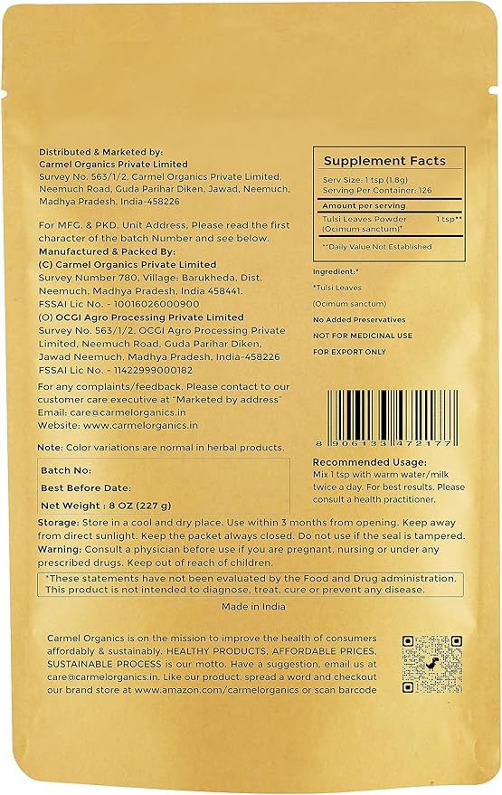 Tulsi Leaves Powder 8 Ounce or 1/2 lb (Pack of 1) | Natural Tulsi Powder | Non-GMO | Kosher | Holy Basil | No Added Preservative. | By Carmel Organics