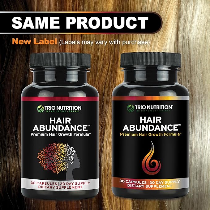 TRIO NUTRITION Hair Abundance | Natural Vitamin Supplement for Hair Growth, Strong Nails and Smooth Skin| Boosted with Collagen, Keratin, Zinc & Selenium | Biotin 10000mcg | 30 Day Supply