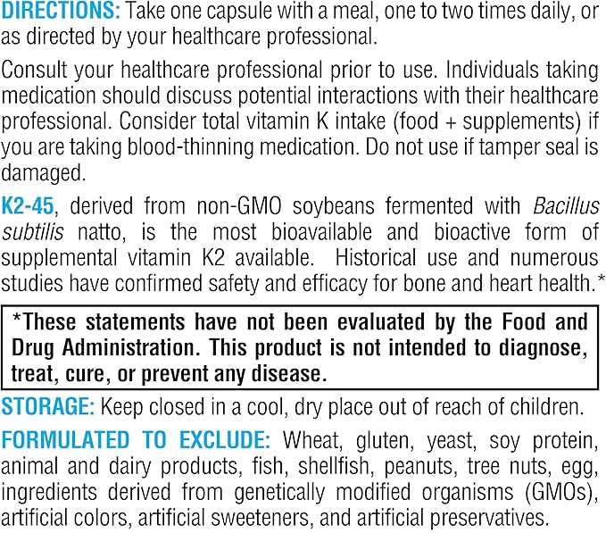 XYMOGEN K2-45 Vitamin K - Vitamin K2 MK-7 Derived from Non-GMO Soybeans - The Most Bioavailable Form of Vitamin K2 Supplement Available - Supports Cardiovascular + Bone Health (60 Capsules)