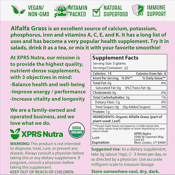 XPRS Nutra Organic Alfalfa Powder - Premium Vegan Alfalfa Supplement Rich in Calcium, Antioxidants, Vitamins - Farmer Alfalfa Supplement for Kids and Adults - Vegan Friendly Alfalfa Leaf (4 Ounce)