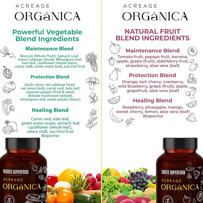 Fruits and Vegetables Supplements | Whole Foods Energy Supplements with 36 Fruit & Vegetable Blend Superfood | Essential Vitamins and Minerals | 90 Fruit & 90 Veggie Capsules