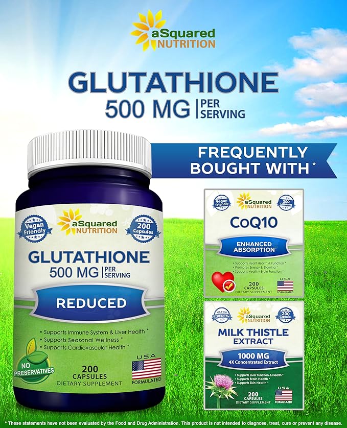 aSquared Nutrition Reduced Glutathione 500mg Per Serving Supplement -200 Capsules -L-Glutathione Antioxidant to Support Liver Health & Detox - Max Strength Powder Pills to Help Immune & Brain Function