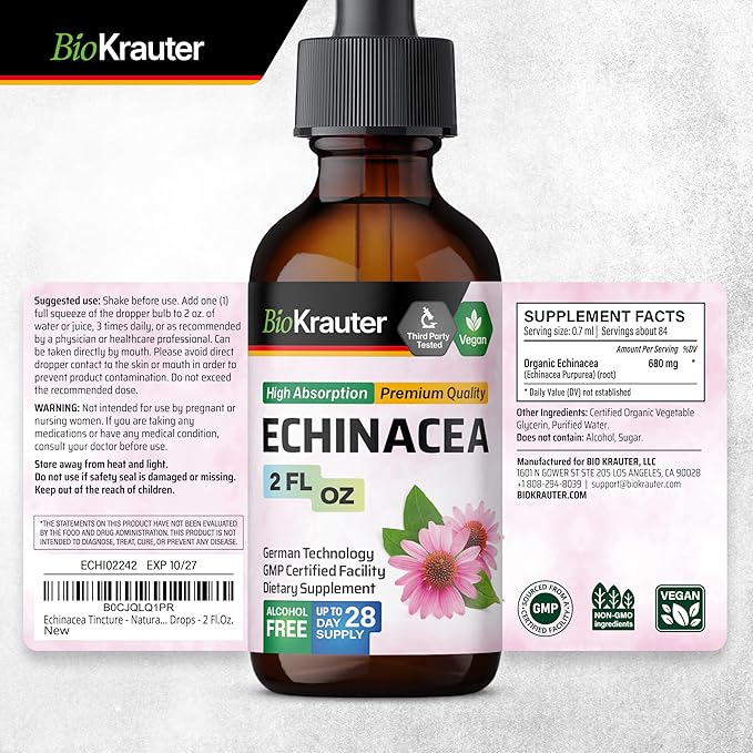 BIO KRAUTER Echinacea Tincture - Natural Immune Support - Echinacea Supplement - Vegan, Alcohol & Sugar Free Drops - 2 Fl.Oz.