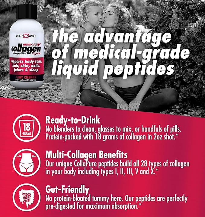 Health Direct – Medical-Grade Liquid Collagen Shots – AminoSculpt Sugar-Free – Tart Cherry – 12 Servings, (12pk, 2oz Shots) – Good for Joints, Bones, & Sleep – Better Hair, Skin & Nails