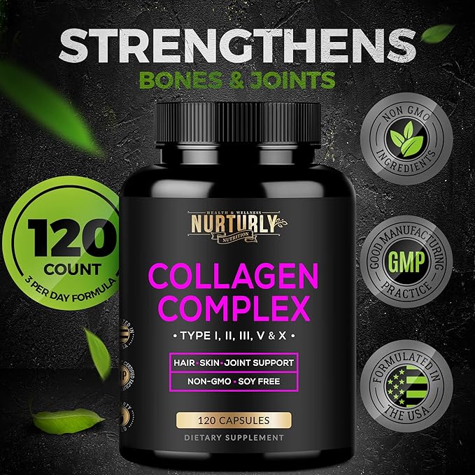 Multi Collagen Peptides Powder Capsules - Hydrolyzed Collagen Peptides Types (I, II, III, V & X) - Collagen Supplements for Hair, Skin & Nails - 120 Capsules