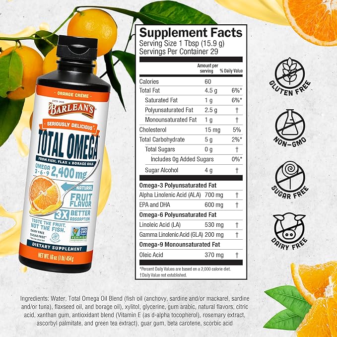 Barlean's Total Omega 3 Fish Oil Liquid Supplement, Orange Crème Flavored with Borage and Flaxseed Oils, 2,400 mg of Omegas 3 6 9 EPA and DHA Plus GLA, 16 oz