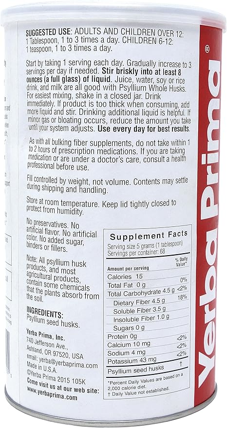 Yerba Prima Psyllium Husk, 12 Ounce (Pack of 2) - Colon Cleanser Fiber Supplement - Natural Support for Gut Health - Non GMO, Gluten Free, Vegan