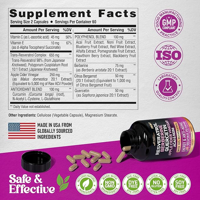 Resveratrol Supplement - 19-in-1 Organic Polyphenol Complex - Noni Extract | Berberine | Quercetin | Apple Cider Vinegar | Acai - Made in USA - Antioxidant & Heart Health Support - 120 Capsules