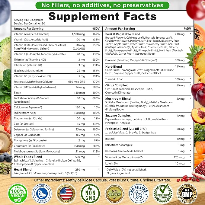 Vegan Whole Food Daily Multivitamin Without Iron, Methylated Multivitamin for Women and Men, Made with Fruits & Vegetables, B-Complex, Probiotics, Enzymes, CoQ10, Omegas, Turmeric, Non-GMO, 90 Count