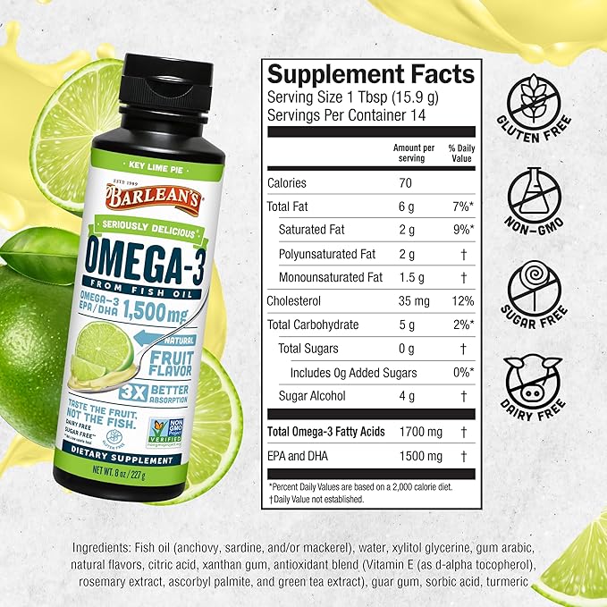 Barlean's Key Lime Pie High Potency Omega 3 Fish Oil Liquid Supplement, 1500mg of EPA& DHA Fatty Acid, Smoothie Flavored & Burpless for Brain, Joint, & Heart Health, 8 oz