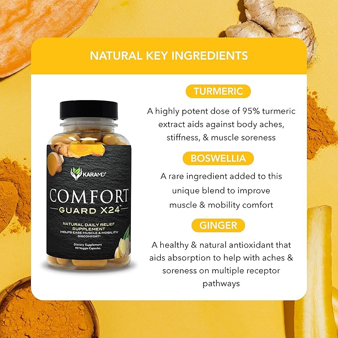 KaraMD Comfort Guard X24 | Joint & Movement Support Supplement | Turmeric Curcumin, Boswellia & Ginger | Ease Muscle Discomfort & Joint Stiffness | Non-GMO, Gluten Free & Vegan Friendly (60 Servings)