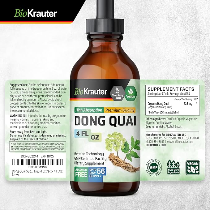 BIO KRAUTER Dong Quai Tincture - Angelica Root Liquid Extract - Women’s Health Support - Alcohol and Sugar Free Angelica Tincture - Vegan Dong Quai Drops 4 Fl.Oz.